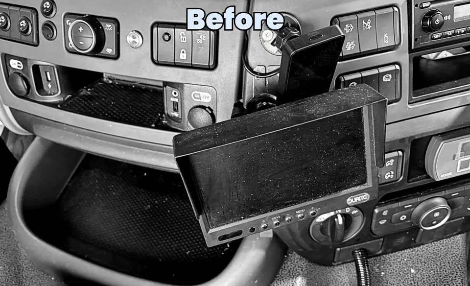 HGV cab console and screen dusty before cleaning