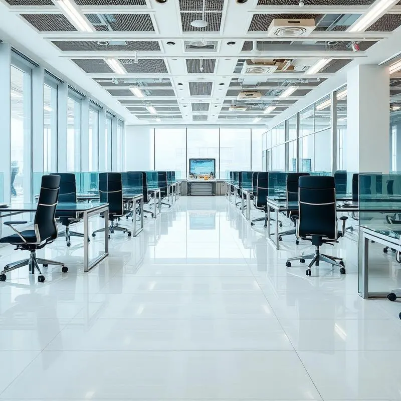 Open plan office with rows of desks and a gleaming white floor