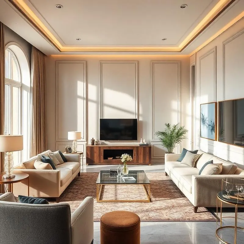 Bright, tidy living room with cream sofas and a polished floor